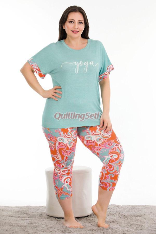 Quilling Mavi Renk Çiçek Desenli Lady 10685 Kısa Kol Kapri Büyük Beden Pijama Takımı - Image 1