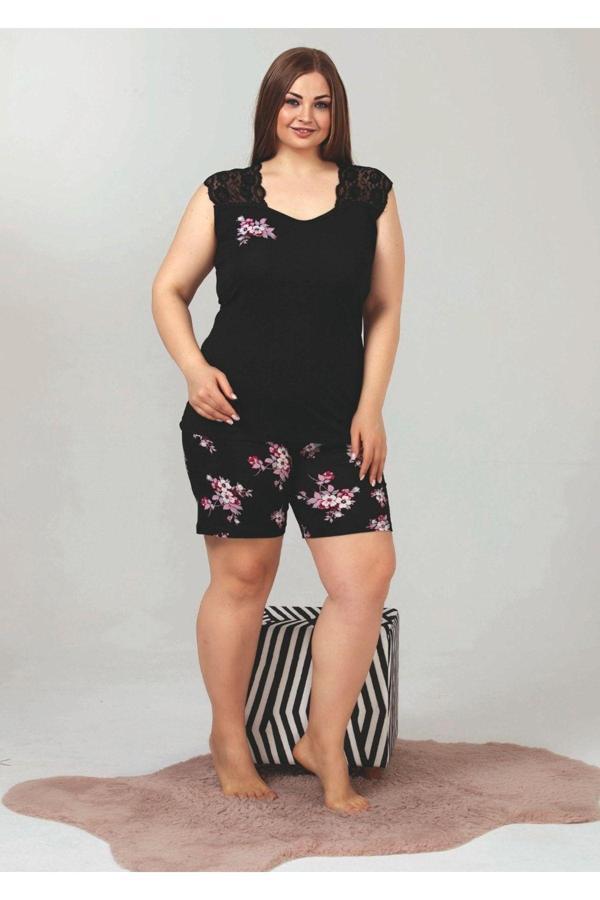 Quilling Siyah Renk Büyük Beden Lady 10359 Kadın Şortlu Pijama Takımı - Image 1