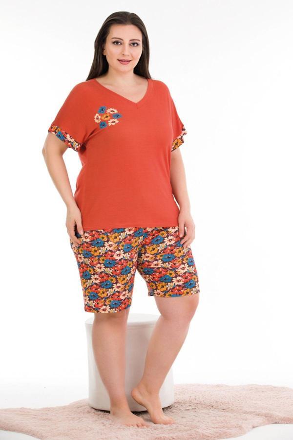 Quilling Turuncu Renkli Ve Çiçek Desenli Lady 10392 Büyük Beden Şortlu Pijama Takımı - Image 1