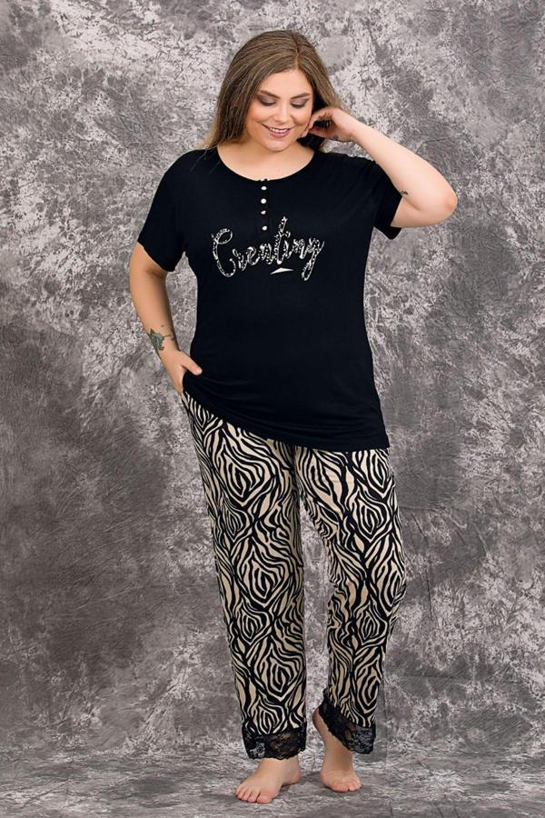 Quilling Siyah Renk Zebra Desenli 10998 Kadın Kısa Kol Büyük Beden Anne Pijama Takımı - Image 1