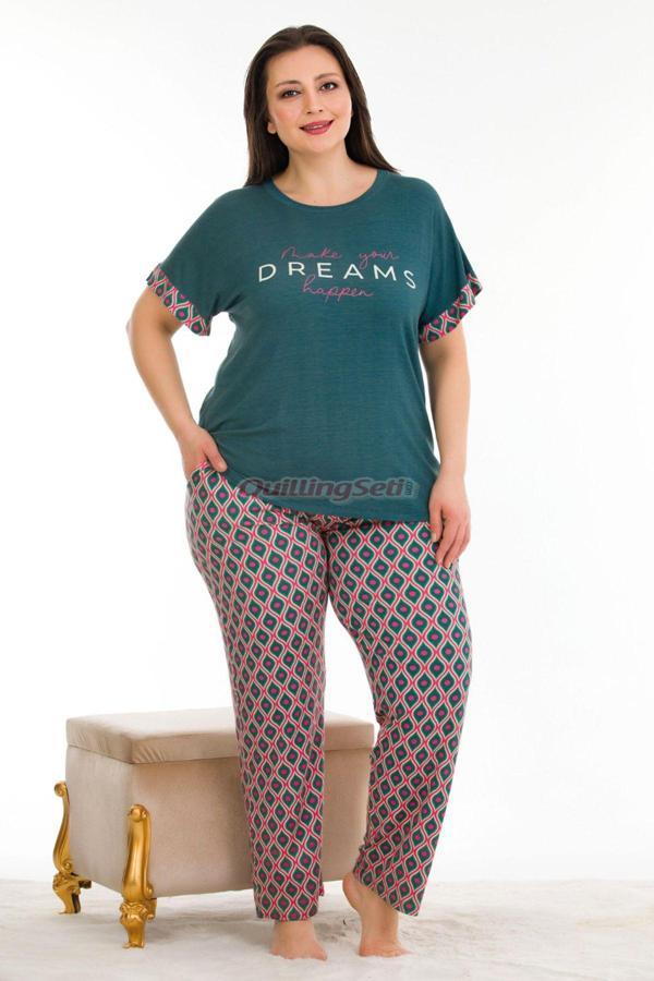 Quilling Koyu Yeşil Renk Ve Desenli Lady 10932 Kısa Kollu Kadın Büyük Beden Pijama Takımı - Image 1