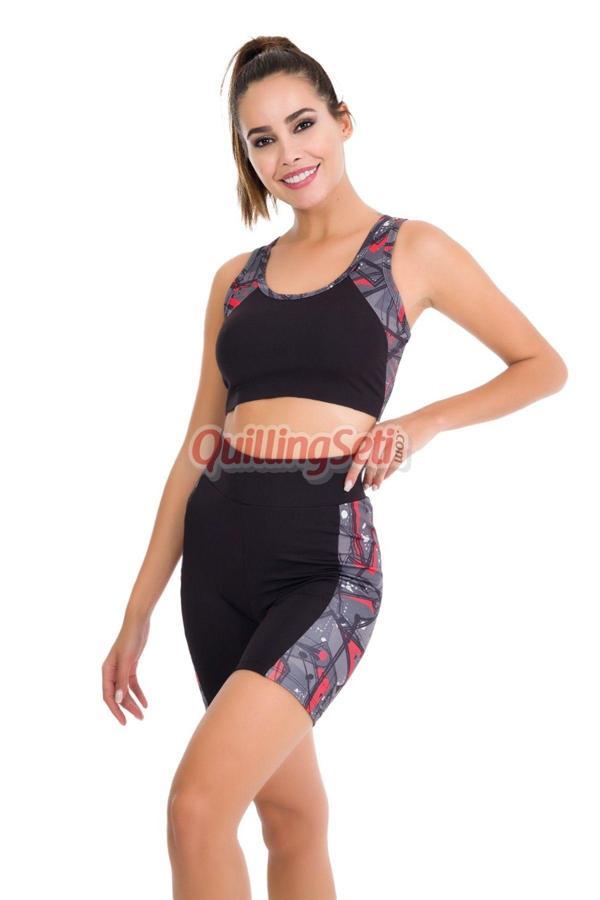 Quilling Siyah Renk Lady 4013 Kadın Kısa Tayt Büstiyer Spor Takım - Image 1