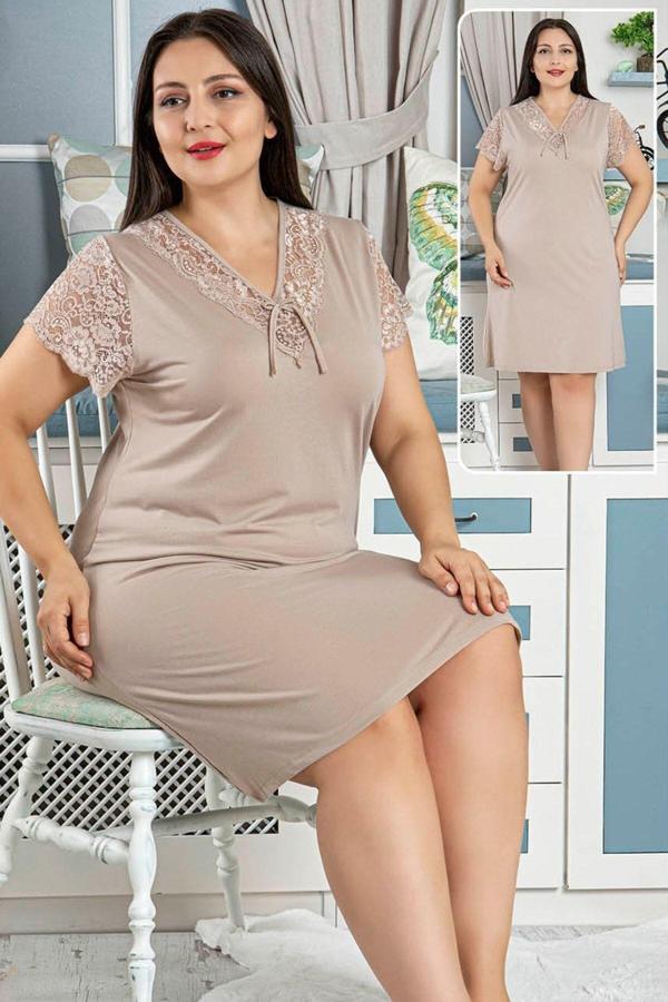 Quilling Battal Boy Tunik - Jenika 42594 Bej Renk Büyük Beden Tunik Gecelik - Image 1