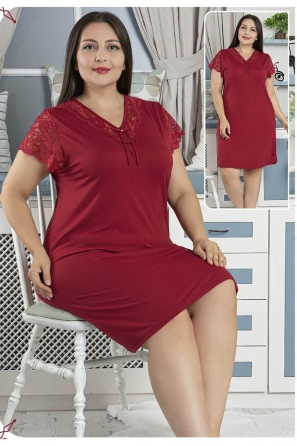 Quilling Bordo Renk Kısa Kol Dantel Detaylı Jenika 42593 Büyük Beden Tunik Gecelik Elbise - Image 1