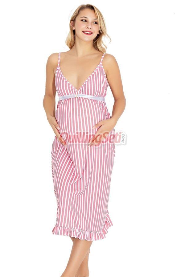 Quilling Açık Pembe Renk Ve Çizgili, Asklılı Kol 54490 Lohusa Hamile Gecelik, Hamile Elbisesi - Image 1