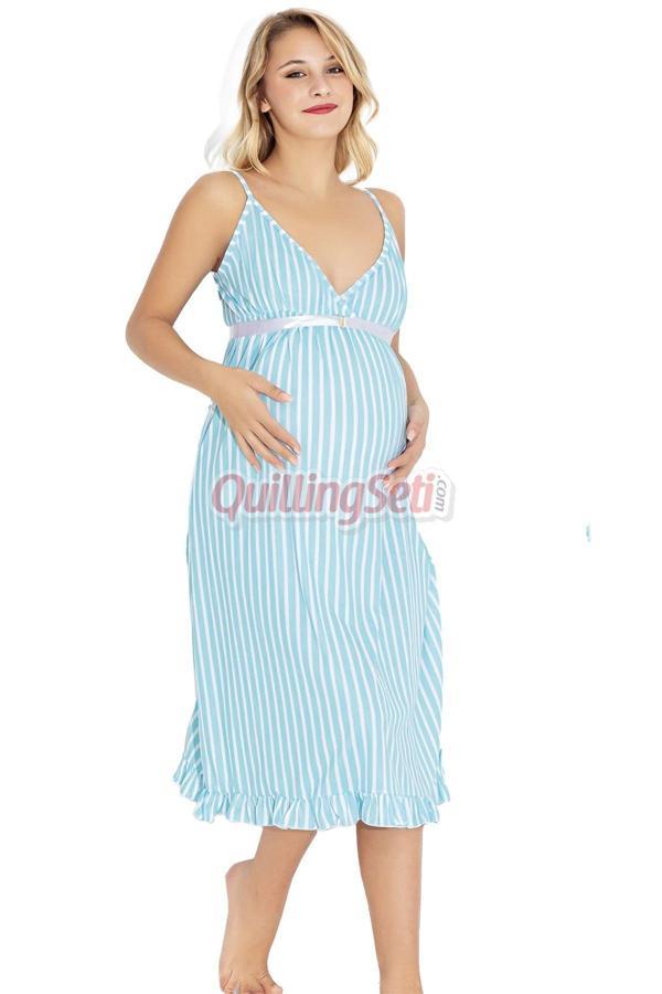 Quilling Mavi Renk Ve Çizgili, Asklılı Kol 54488 Lohusa Hamile Gecelik, Hamile Elbisesi - Image 1