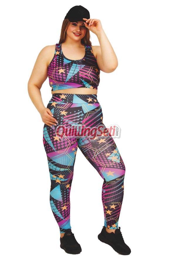 Quilling Yıldız Desenli Mavi-Siyah Renkli Lady 1502 Kadın Büyük Beden Büstiyerli Spor Taytlı Takım - Image 1