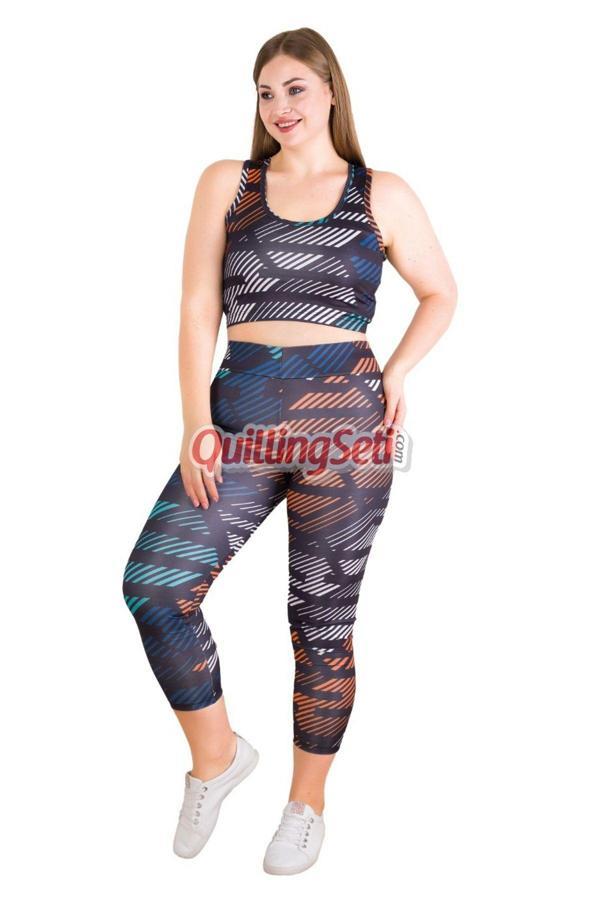 Quilling Çizgili Desen Mavi - Turuncu Renkli Lady 1510 Kadın Büyük Beden Büstiyerli Spor Taytlı Takım - Image 1