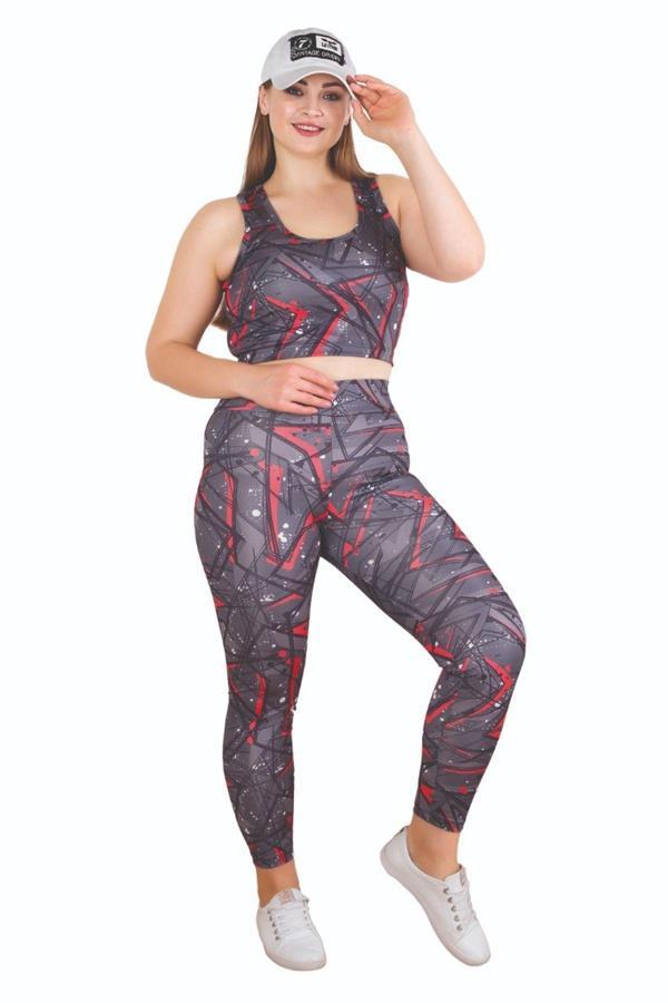 Quilling Geometric Desenli Siyah Renkli Lady 1508 Kadın Büyük Beden Büstiyerli Spor Taytlı Takım - Image 1