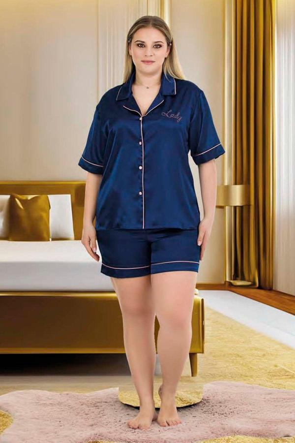 Quilling Lacivert Renk Kaliteli, Şık Ve Kısa Kol, Şortlu Saten Pijama Takımı - Image 1