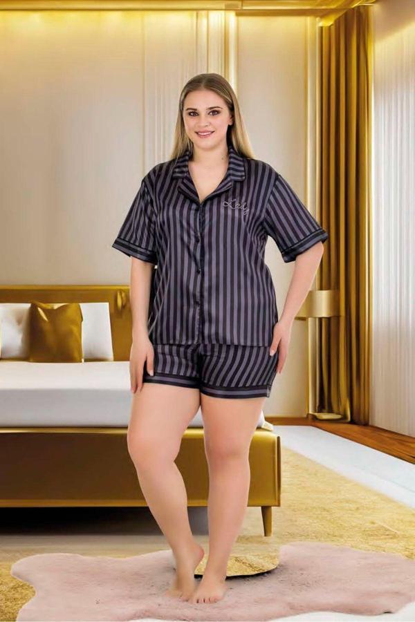 Quilling Füme Renk Çizgili Kaliteli, Şık Ve Kısa Kol, Lady 16056 Büyük Beden Şortlu Saten Pijama Takımı - Image 1