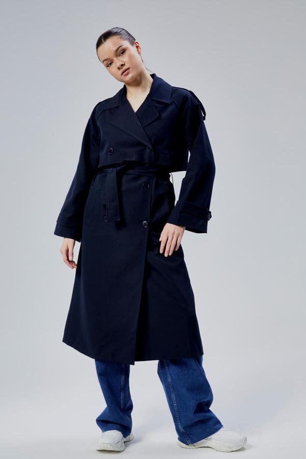 Oversize Kruvaze Kapama Rüzgarlık Detaylı Trençkot - Image 1