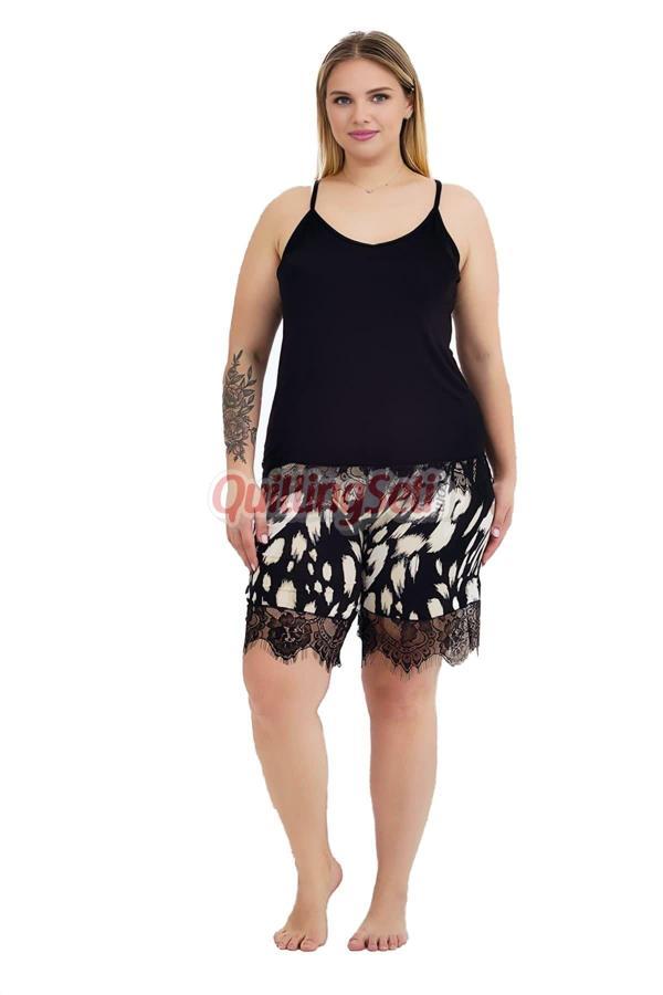 Quilling Siyah Beyaz Renk Ve Desenli 10425 Şortlu Büyük Beden Anne Pijama Takımı - Image 1