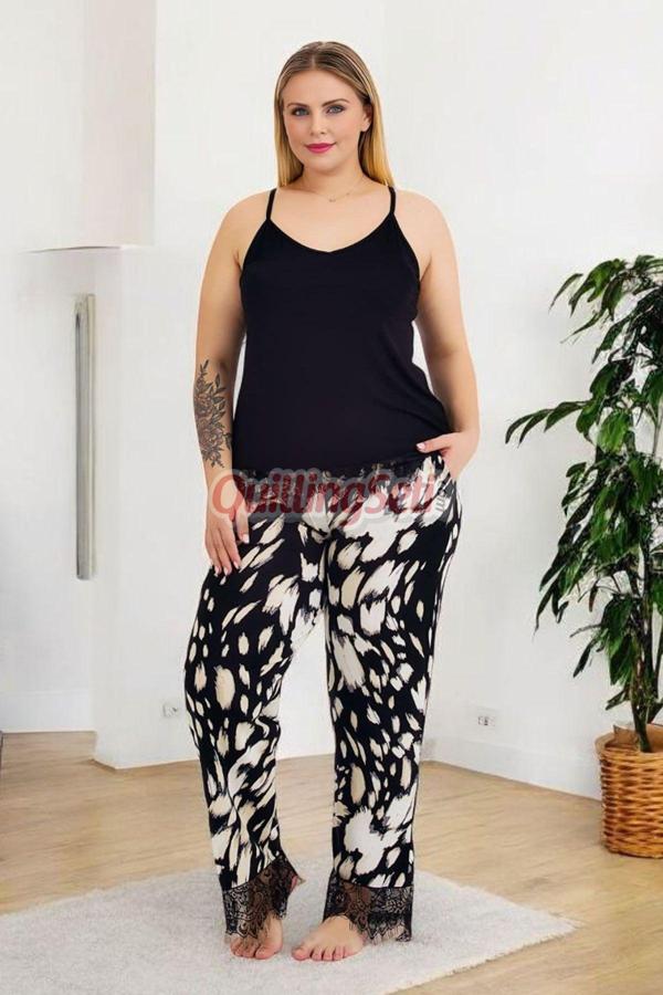 Quilling Siyah Renk Ve Desenli 10983 Kısa Kollu Kadın Büyük Beden Anne Pijama Takımı - Image 1