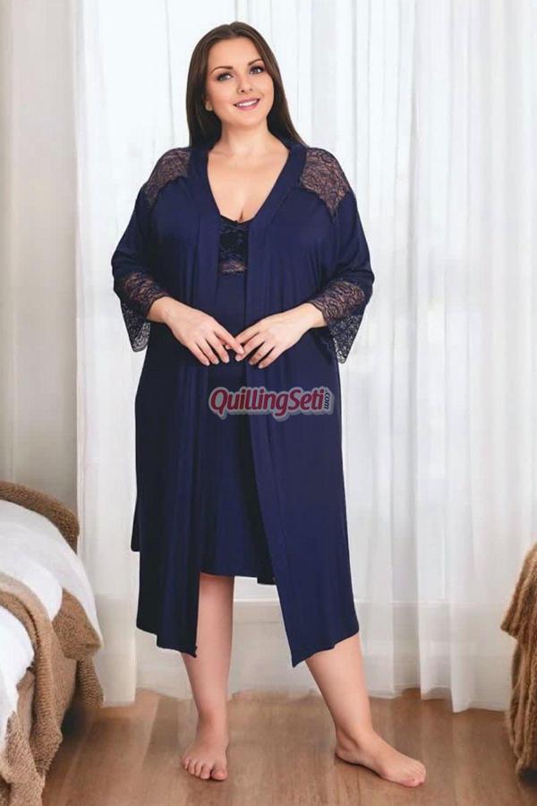 Quilling Lacivert Renk, Dantel Detaylı Askılı Kol Büyük Beden 2Li Sabahlıklı Anne Gecelik Takım - 19213 - Image 1
