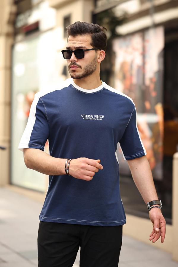 Miron Lacivert Beyaz Strong Finish Baskılı Oversize Kısa Kolu Tişört - 2411 - Image 1