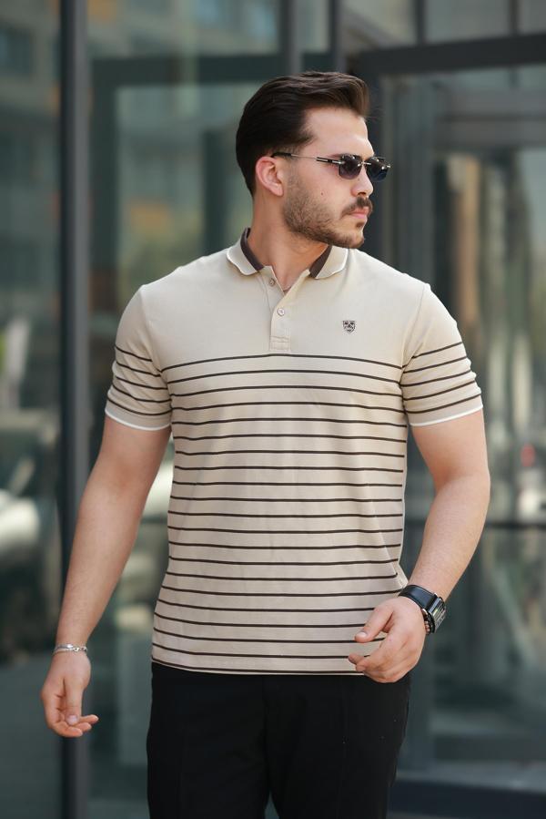Miron Bej Çizgili Polo Yaka Kısa Kollu Tişört-2515 - Image 1