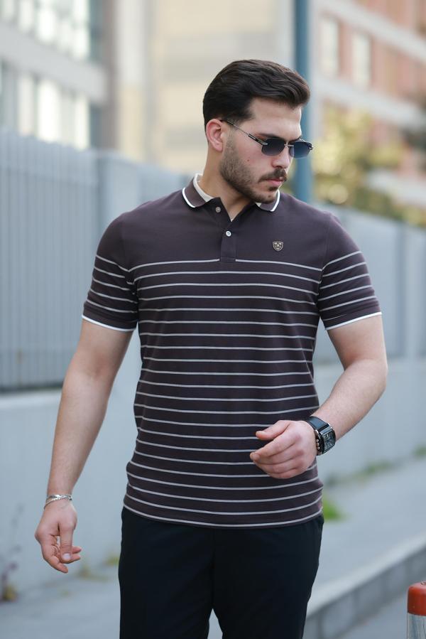 Miron Kahverengi Çizgili Polo Yaka Kısa Kollu Tişört-2515 - Image 1