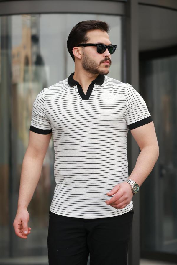 Miron Beyaz Çizgili Polo Yaka Kısa Kollu Tişört -2508 - Image 1