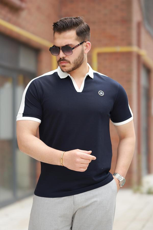 Miron Lacivert Nakışlı V Polo Yaka Kısa Kollu Tişört-2524 - Image 1