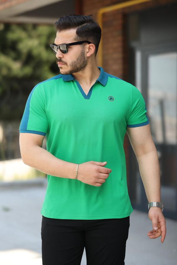 Miron Yeşil Nakışlı V Polo Yaka Kısa Kollu Tişört-2524 - Image 1