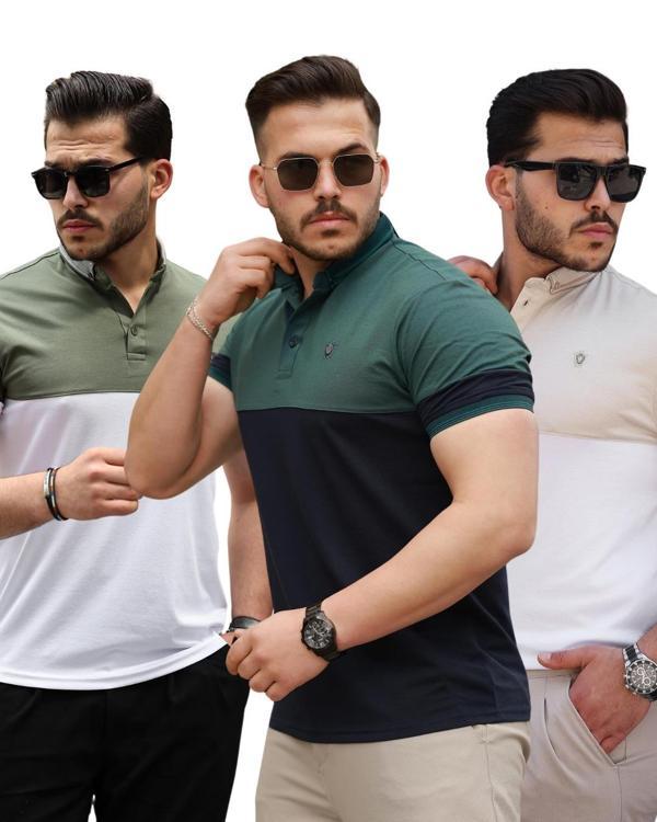 Miron Nefti Bej Haki Ston Parçalı Üçlü Paket  Polo Yaka Kısa Kollu Tişört- 2521 - Image 1