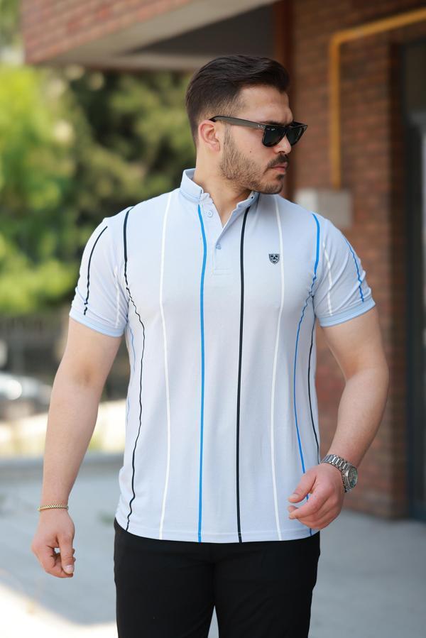 Miron Buz Mavisi Dikey Çizgili Polo Yaka Kısa Kollu Tişört- 2502 - Image 1