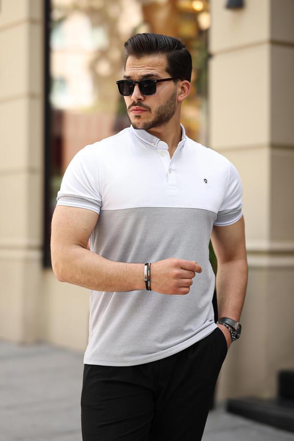 Miron Beyaz Gri Kagi Ston Parçalı Polo Yaka Kısa Kollu Tişört-2402 - Image 1