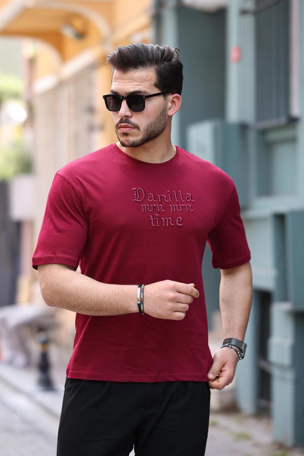 Miron Bordo Ön Arka Nakışlı Oversize Kısa Kollu Tişört- 2422 - Image 1