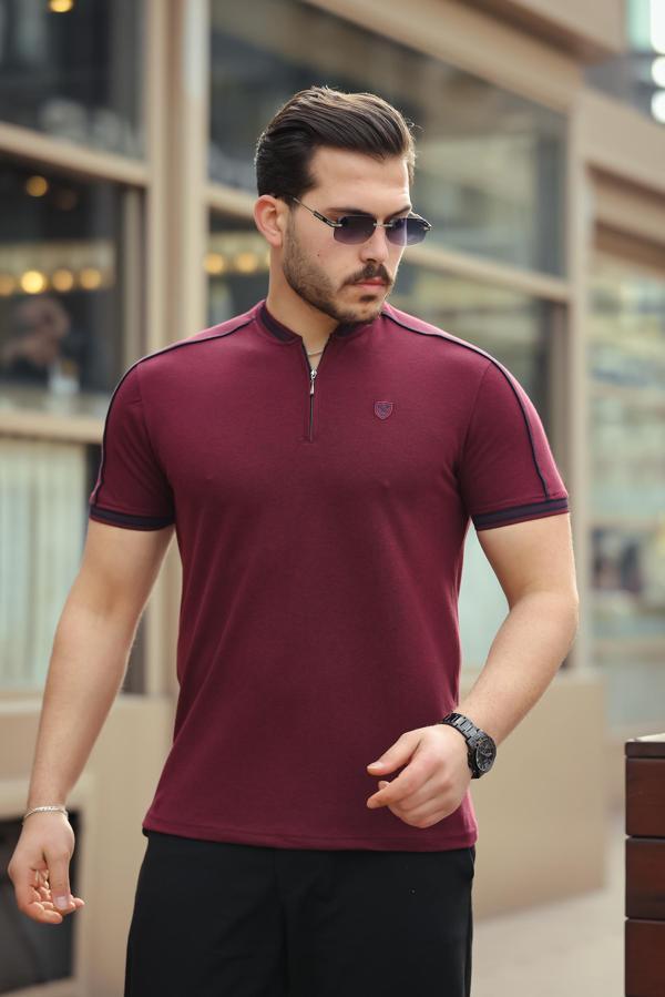 Miron Bordo Kolej Yaka Yarım Fermuarlı Kısa Kollu Tişört- 2408 - Image 1