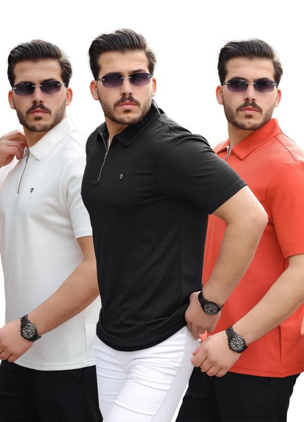 Miron Beyaz Siyah Kiremit Basic Fermuar Detaylı Üçlü Paket Polo Yaka Kısa Kollu Tişört 2516 - Image 1