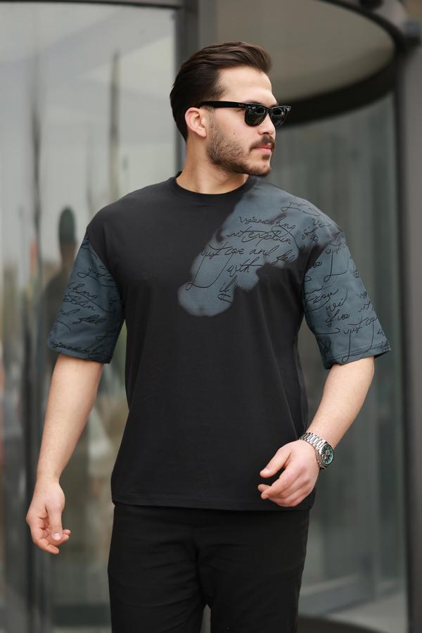 Miron Siyah Kol Baskı Detaylı Sıfır Yaka Oversize Kısa Kollu Tişört -2506 - Image 1