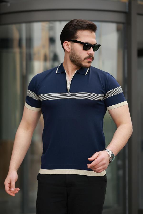 Miron Lacivert Çizgili ve Fermuar Detalı Polo Yaka Triko Kısa Kollu Tişört 2512  - Image 1