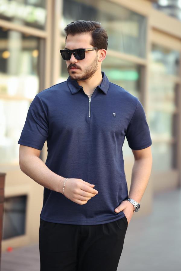Miron Lacivert Basic Fermuar Detaylı Polo Yaka Kısa Kollu Tişört 2501 - Image 1