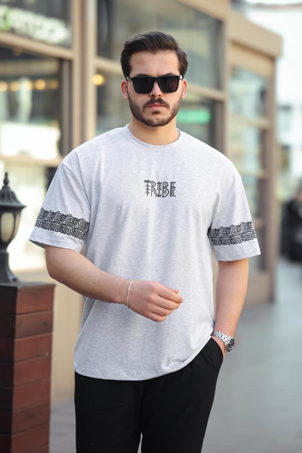 Miron Gri Tribe Baskı Detaylı Sıfır Yaka Kısa Kollu Oversize Tişört- 2503 - Image 1