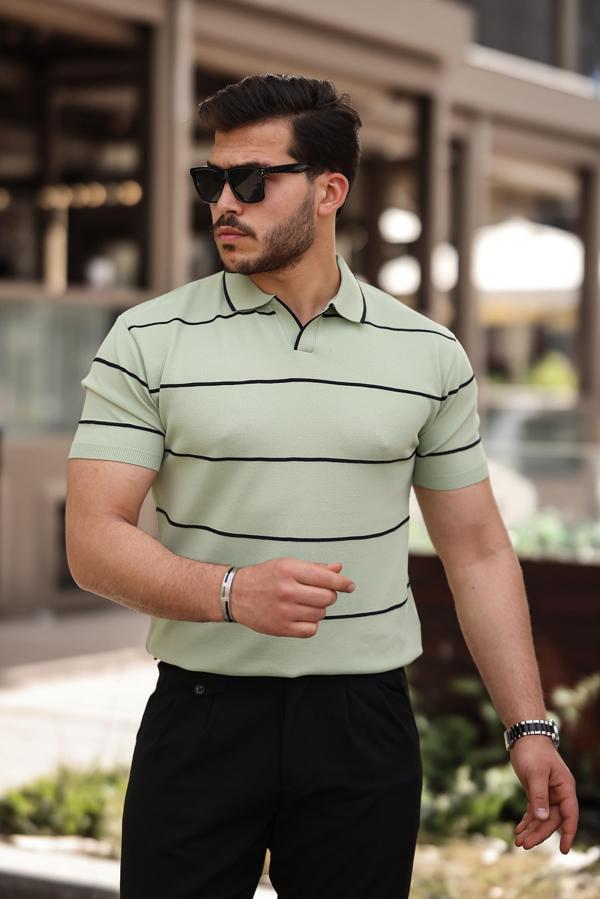 Miron Su Yeşili Çizgili Triko Polo Yaka Tişört- 2427 - Image 1