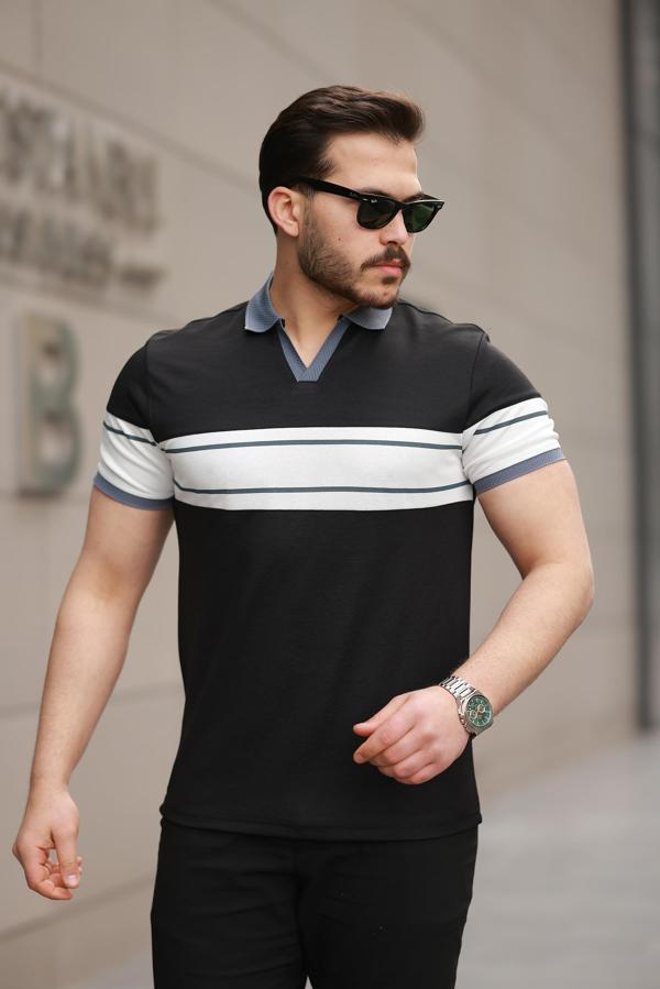 Miron Siyah Beyaz iki Renk Polo Yaka Kısa Kollu Tişört-2514 - Image 1
