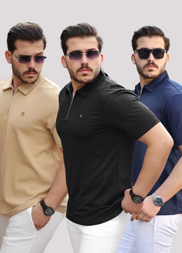 Miron Bej Siyah Lacivert Basic Fermuar Detaylı Üçlü Paket Polo Yaka Kısa Kollu Tişört 2516 - Image 1