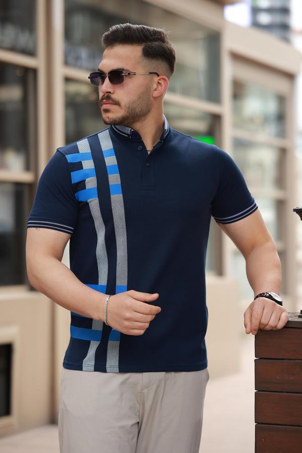 Miron Lacivert Baskı Detaylı Polo Yaka Kısa Kollu Tişört -2519 - Image 1