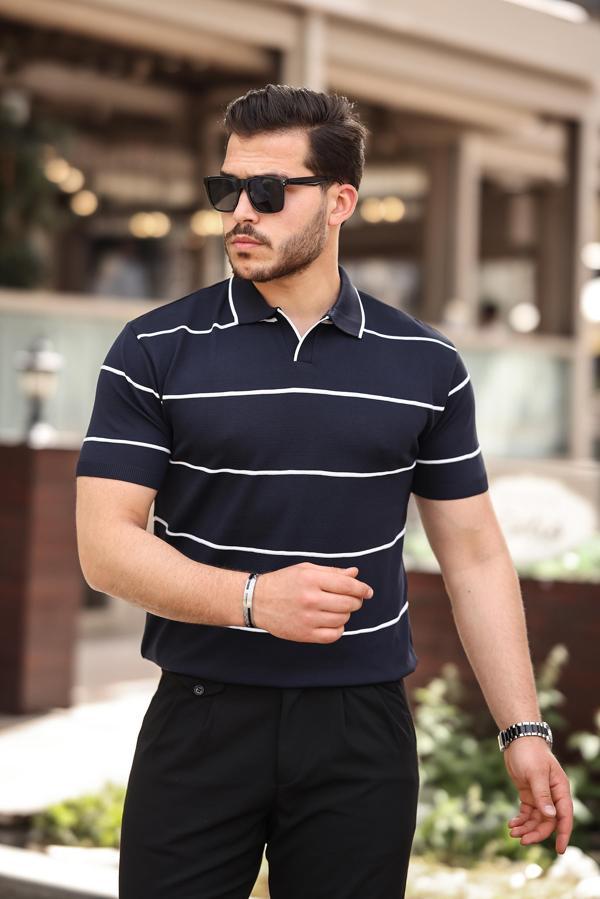 Miron Lacivert Çizgili Triko Polo Yaka Tişört- 2427 - Image 1