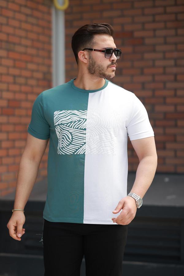 Miron Yeşil Beyaz Çizgi Baskılı Regular Fit Sıfır Yaka Kısa Kollu Tişört-2522 - Image 1