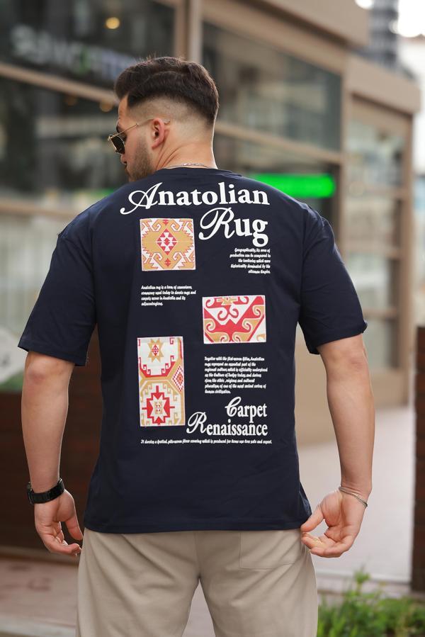 Miron Lacivert Anatolian Rug Sırtı Baskı Detaylı Oversize Kısa Kollu Tişört- 2520 - Image 1