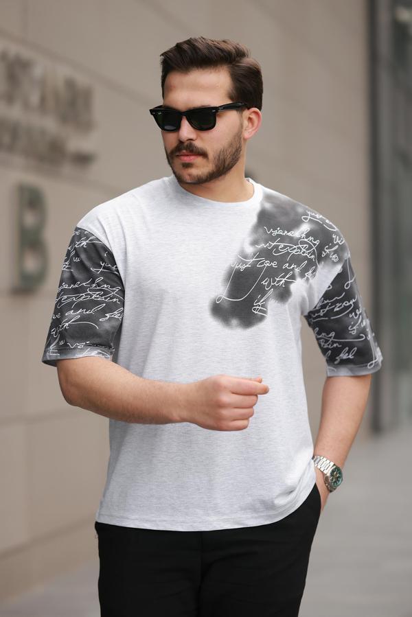 Miron Gri Kol Baskı Detaylı Sıfır Yaka Oversize Kısa Kollu Tişört -2506 - Image 1