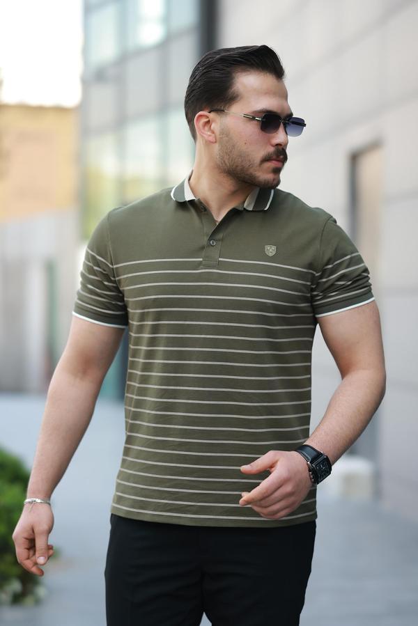 Miron Haki Çizgili Polo Yaka Kısa Kollu Tişört-2515 - Image 1