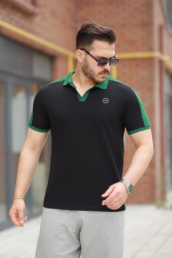 Miron Siyah Nakışlı V Polo Yaka Kısa Kollu Tişört-2524 - Image 1