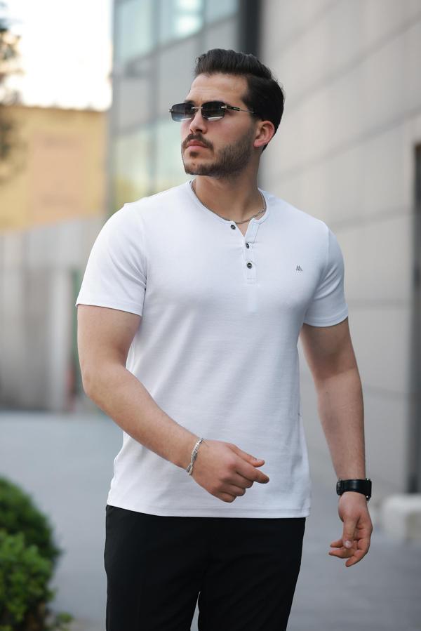 Miron Beyaz Önü Düğmeli Sıfır Yaka Kısa Kollu Regular Fit Tişört- 2510 - Image 1