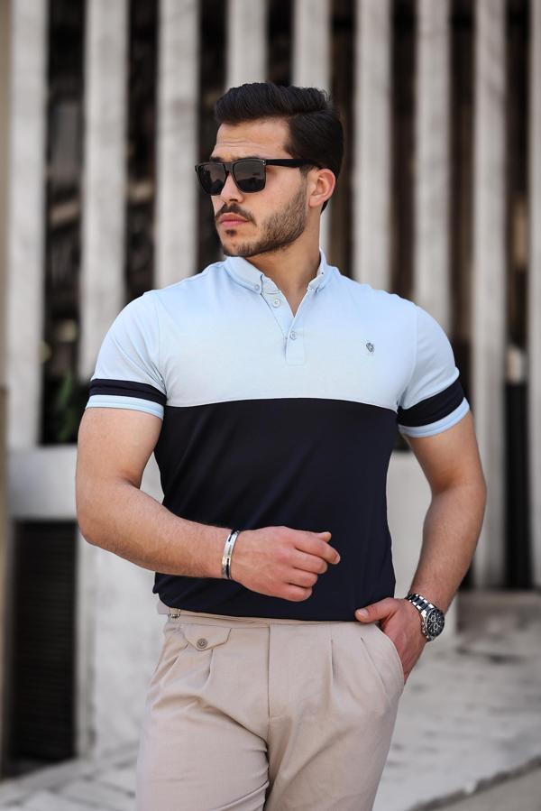 Miron Buz Mavisi Lacivert Kagi Ston Parçalı Polo Yaka Kısa Kollu Tişört- 2402 - Image 1