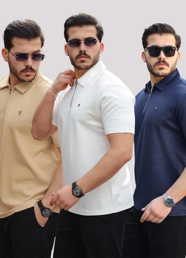 Miron Bej Beyaz Lacivert Basic Fermuar Detaylı Üçlü Paket Polo Yaka Kısa Kollu Tişört 2516 - Image 1