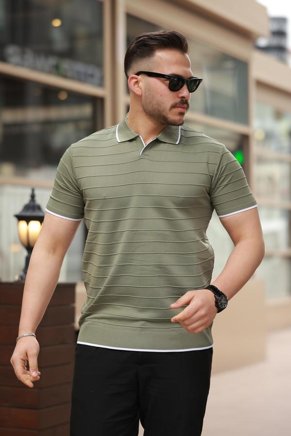 Miron Haki Kabartma Çizgi Polo Yaka Triko Tişört- 2403 - Image 1