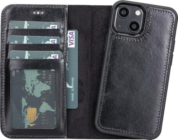 Apple iPhone 13 Mini Uyumlu Deri Cüzdanlı Kılıf RST1 Siyah - Image 1